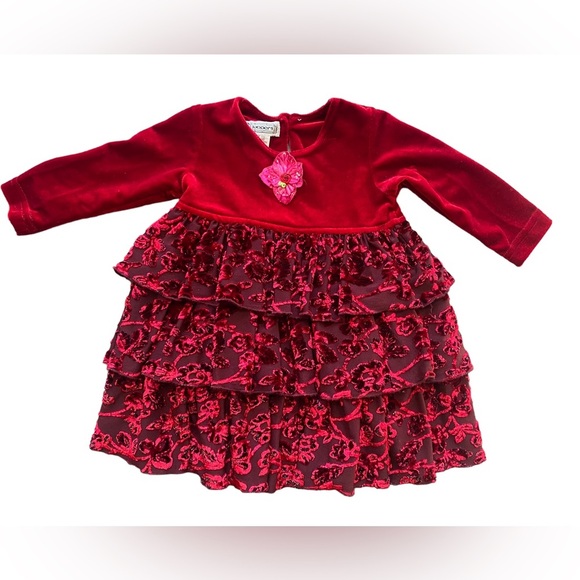 Baby Girl’s Holiday Christmas Velour Tiered Ruffle Dress 12 Month - Picture 1 of 5